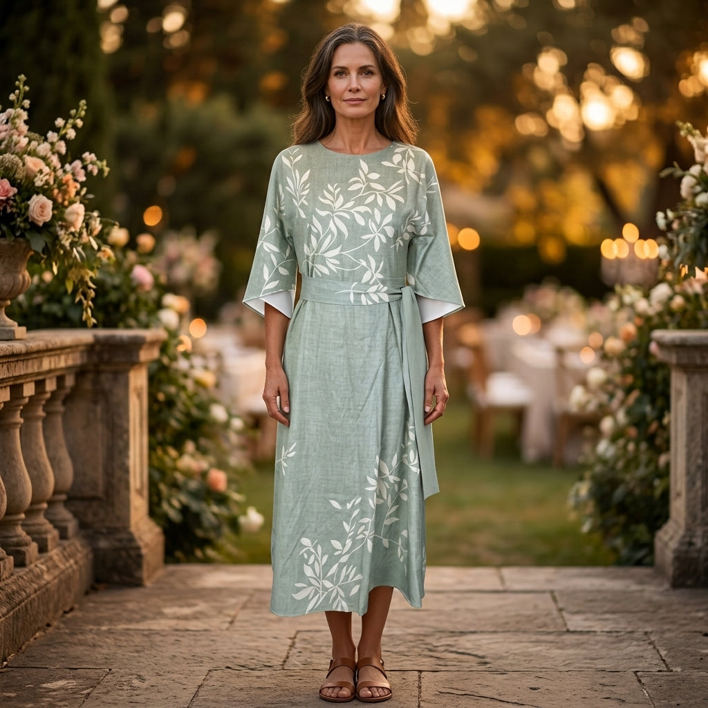 Edda Embroidered Bell-Sleeve Midi Dress - Sage
