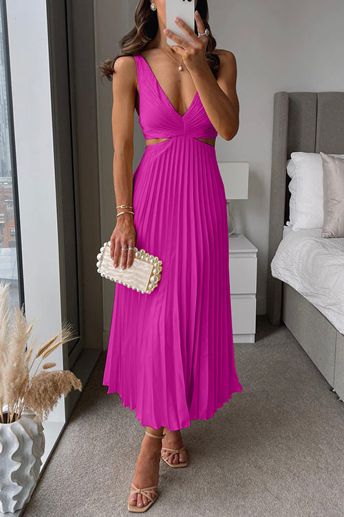 Emma Pleated V-Neck Maxi Dress - Fuchsia
