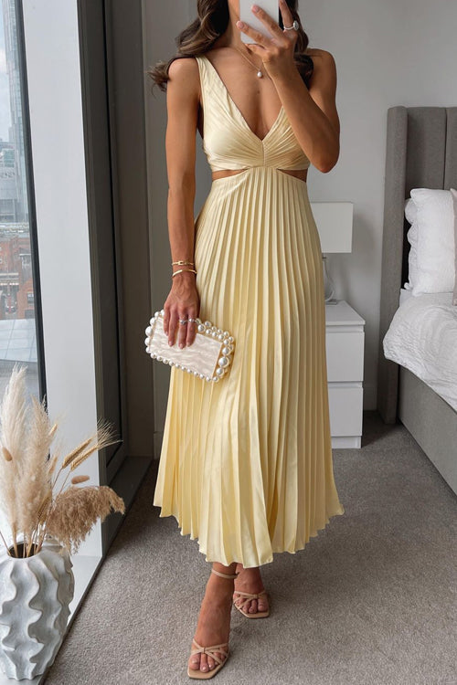 Emma Pleated V-Neck Maxi Dress - Light Yellow