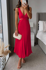 Emma Pleated V-Neck Maxi Dress - Red