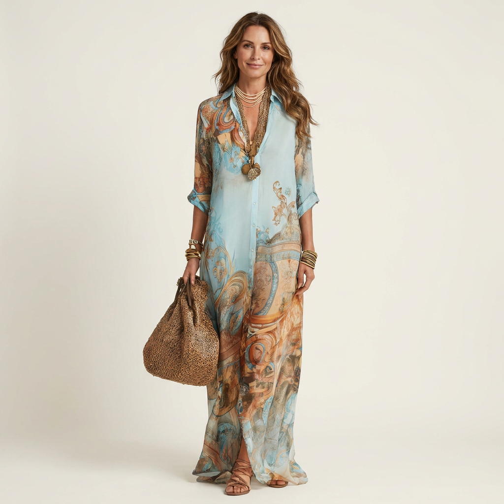 Lucrezia Printed Maxi Shirt Dress - Blue & Camel