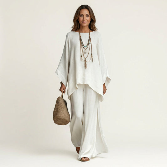 Mafalda Linen-Look Tunic & Wide-Leg Pants Set - White