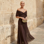 Michela Off-Shoulder Chiffon Maxi Dress - Chocolate