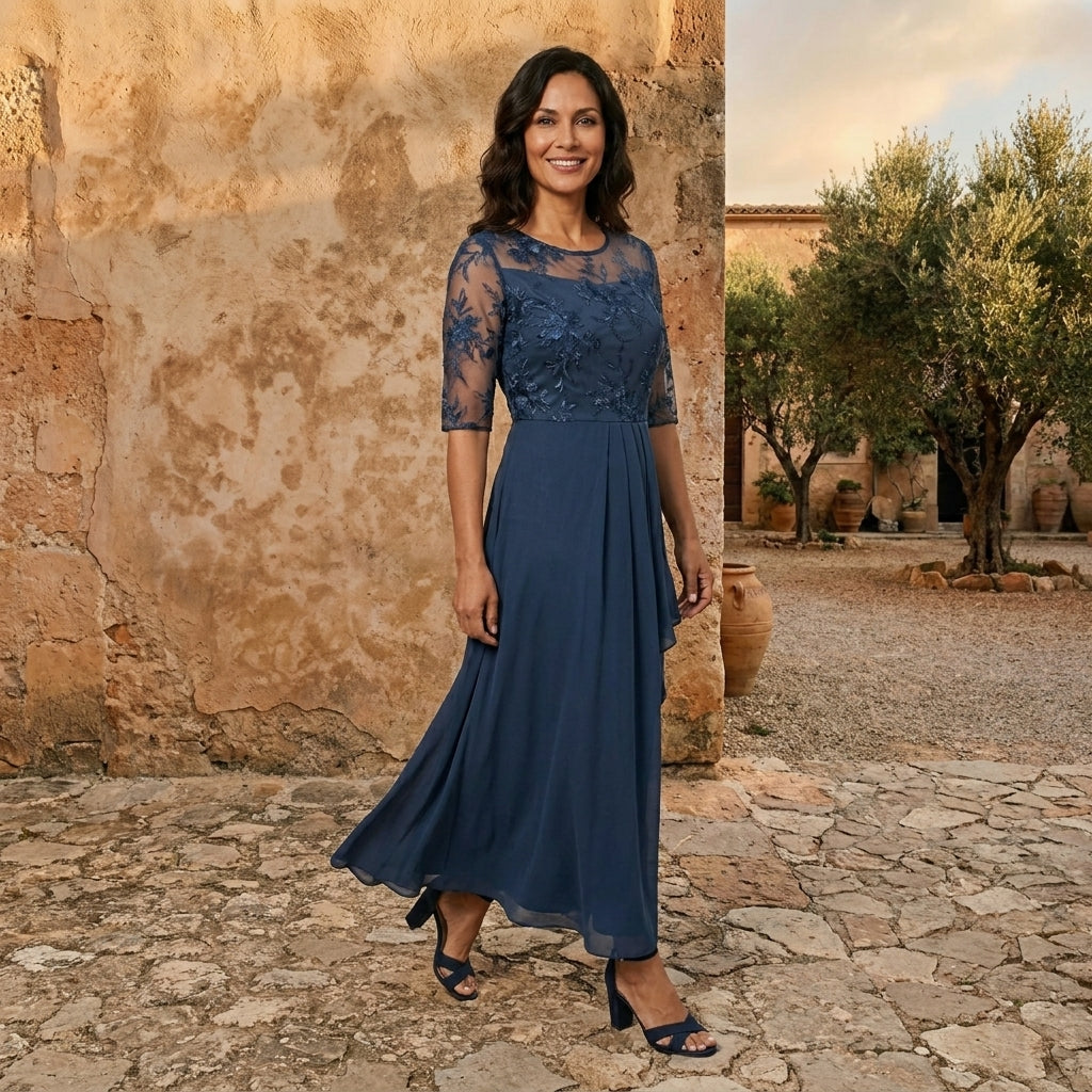 Morena Lace Bodice Chiffon Maxi Dress - Navy