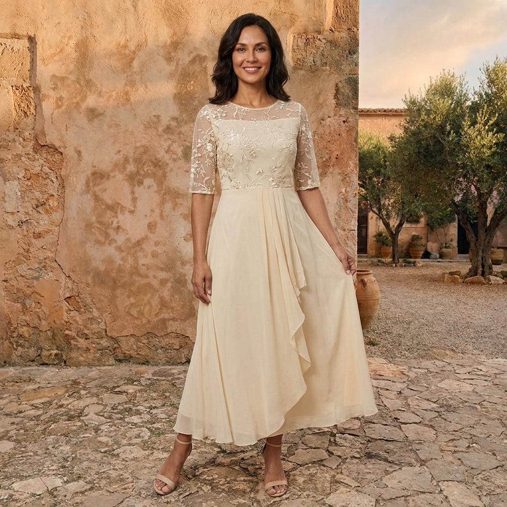Morena Lace Bodice Chiffon Maxi Dress - Cream
