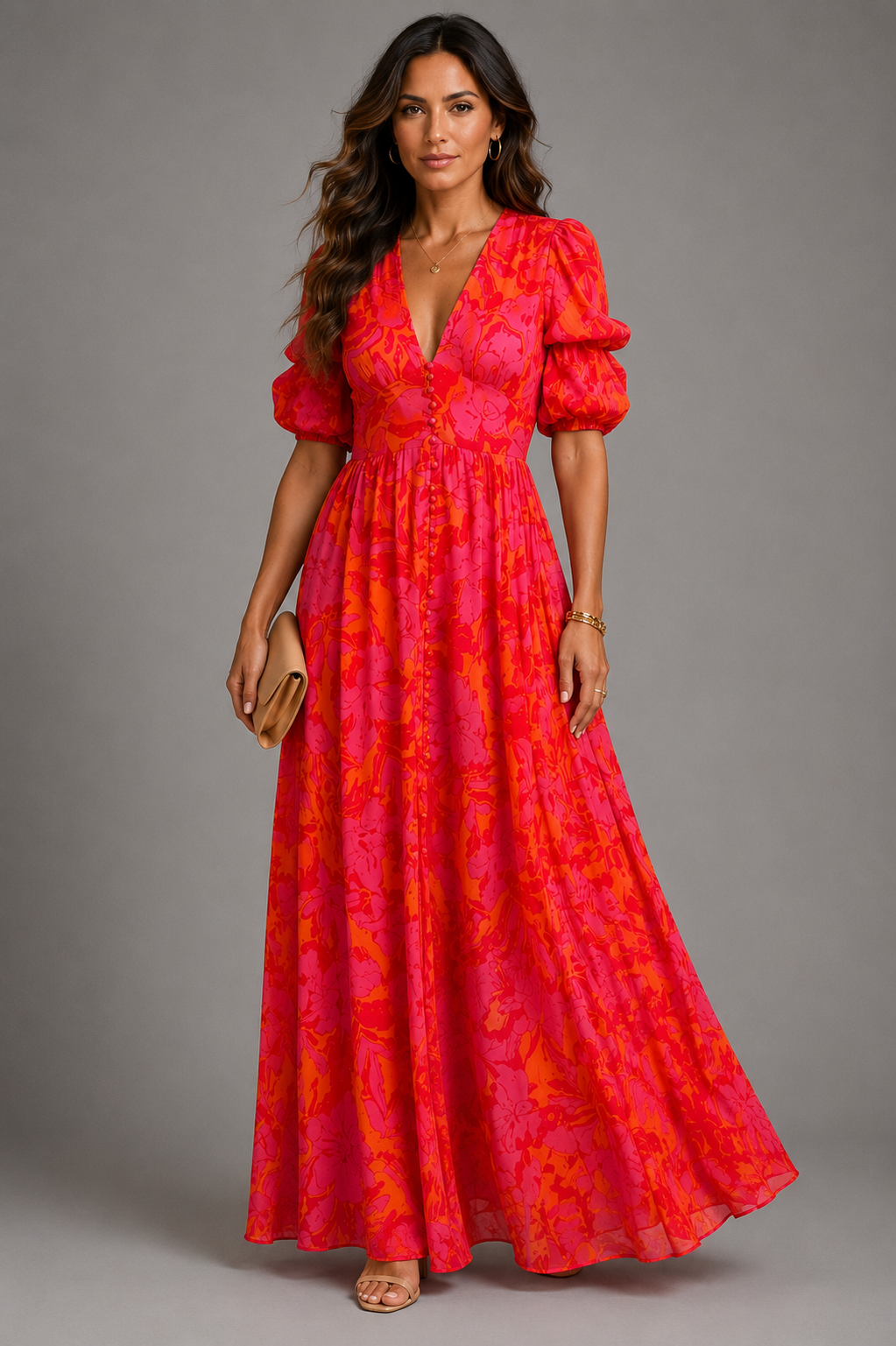 Olimpia Printed Puff-Sleeve Maxi Dress - Red & Orange