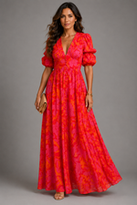 Olimpia Printed Puff-Sleeve Maxi Dress - Red & Orange