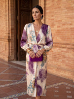 Olivia Printed Belted Midi Dress - Cream & Purple