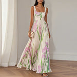 Oriana Pleated Floral A-Line Maxi Dress - Apricot & Purple