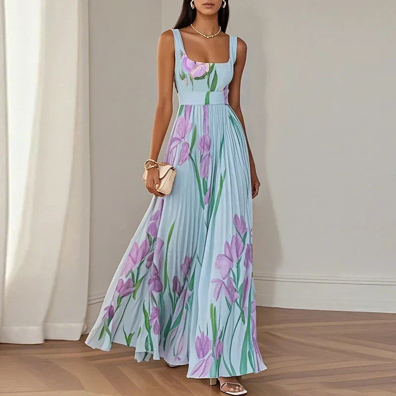 Oriana Pleated Floral A-Line Maxi Dress - Blue & Purple