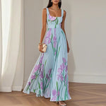 Oriana Pleated Floral A-Line Maxi Dress - Blue & Purple