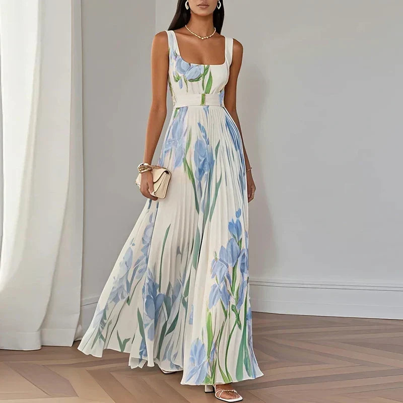 Oriana Pleated Floral A-Line Maxi Dress - White & Blue