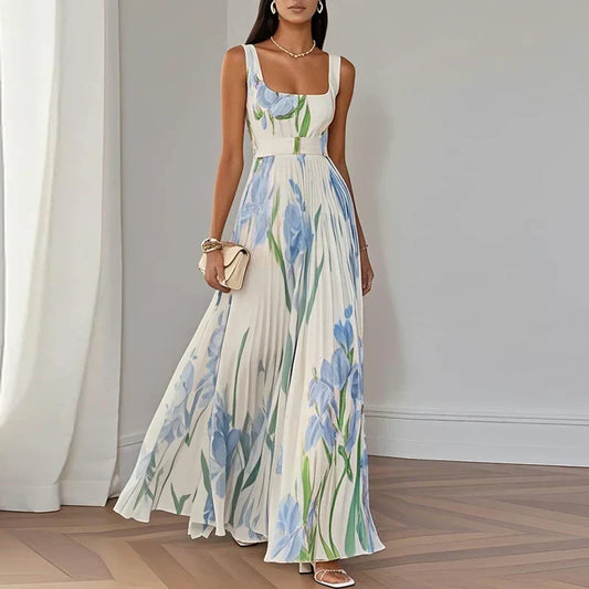 Oriana Pleated Floral A-Line Maxi Dress - White & Blue