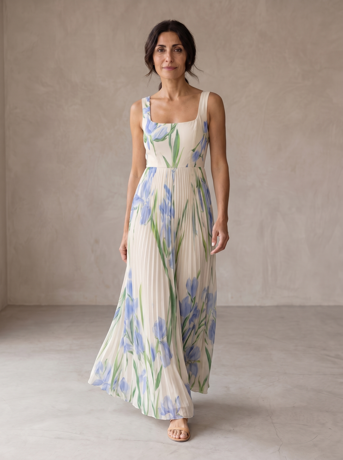 Oriana Pleated Floral A-Line Maxi Dress