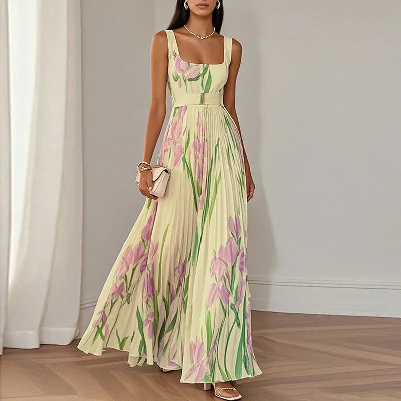 Oriana Pleated Floral A-Line Maxi Dress - Yellow & Pink