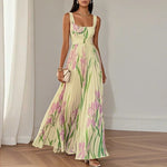 Oriana Pleated Floral A-Line Maxi Dress - Yellow & Pink