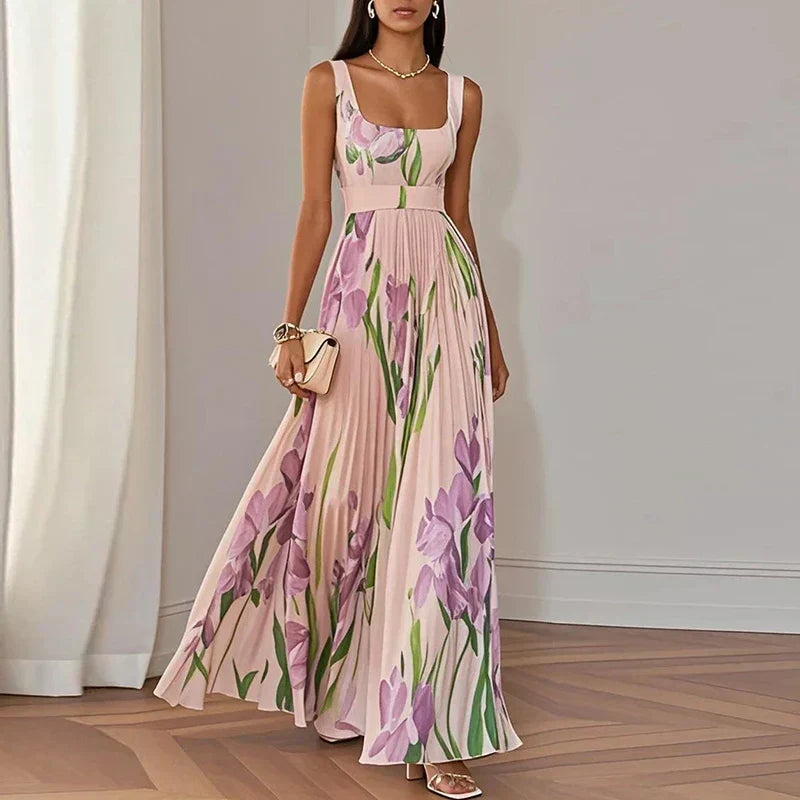 Oriana Pleated Floral A-Line Maxi Dress - Pink & Purple