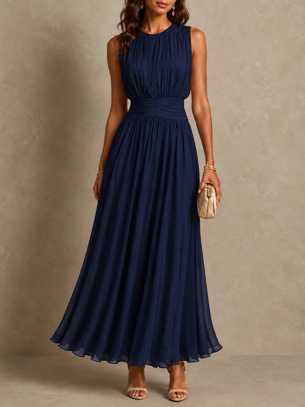 Rebecca Ruched-Waist Chiffon Maxi Dress - Navy