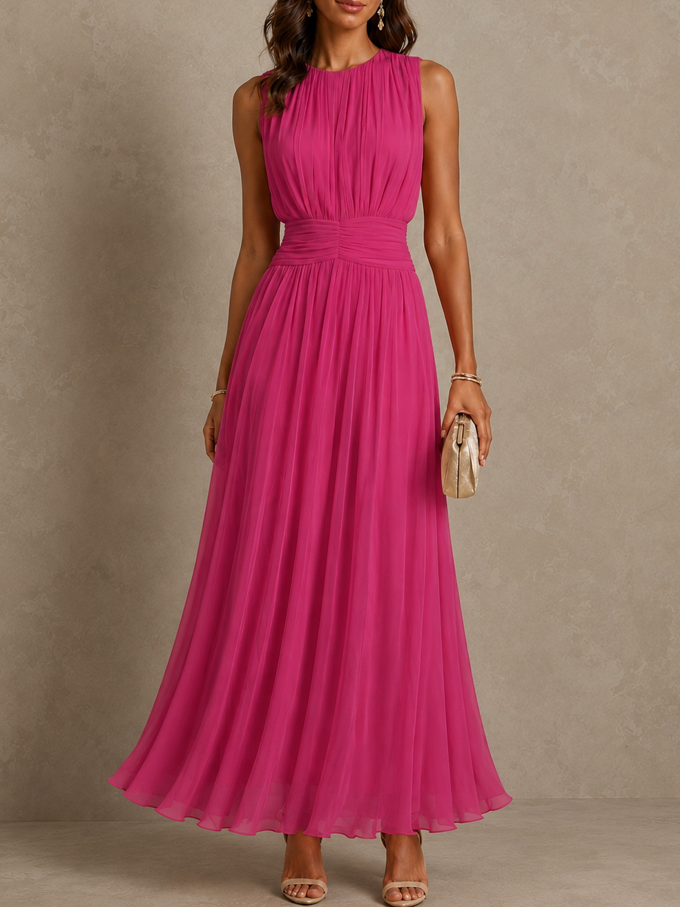 Rebecca Ruched-Waist Chiffon Maxi Dress - Fuchsia