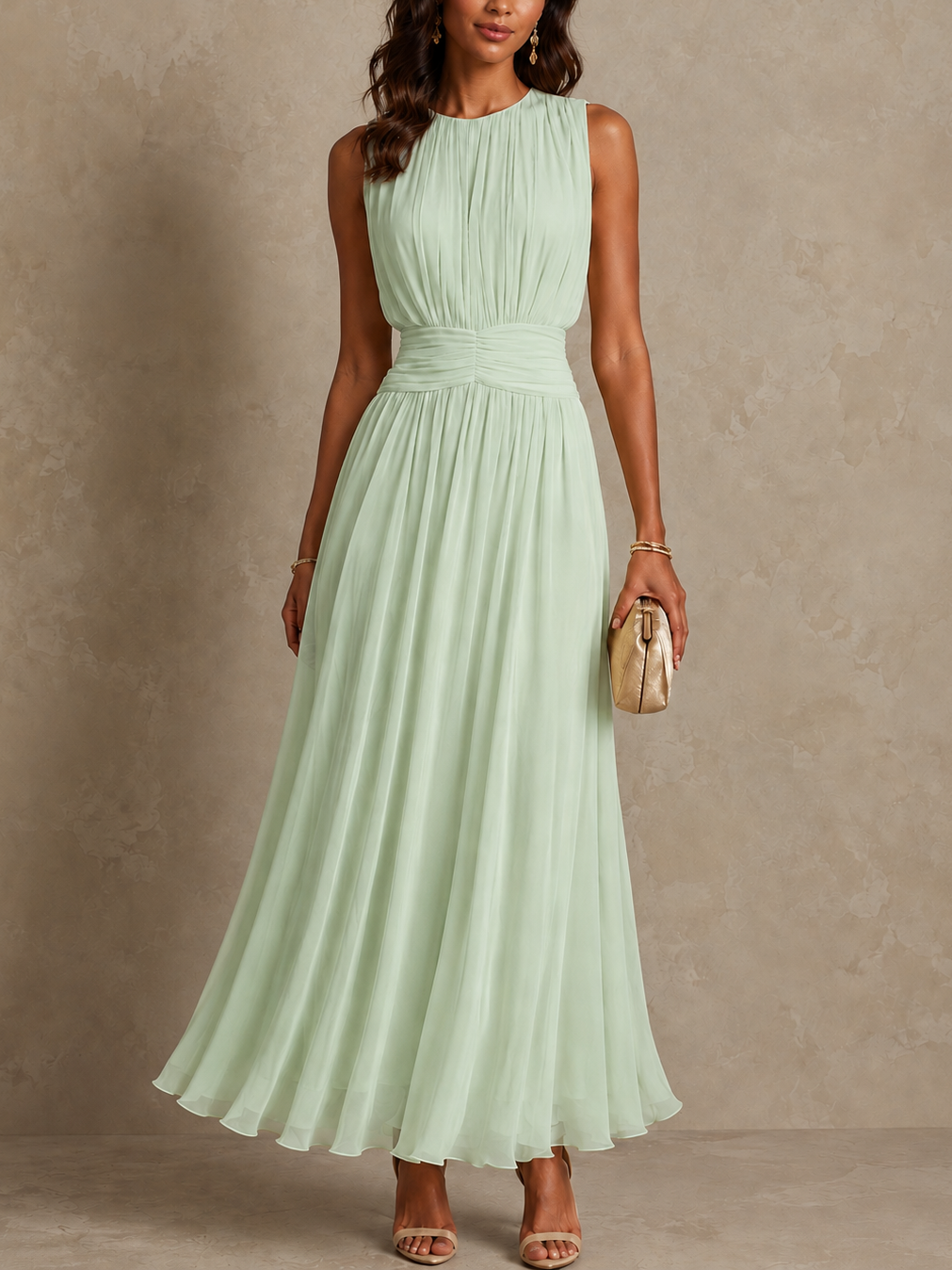 Rebecca Ruched-Waist Chiffon Maxi Dress - Mint