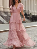 Rossella Tiered Flutter-Sleeve Maxi Dress - Light Pink