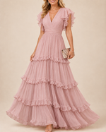 Rossella Tiered Flutter-Sleeve Maxi Dress