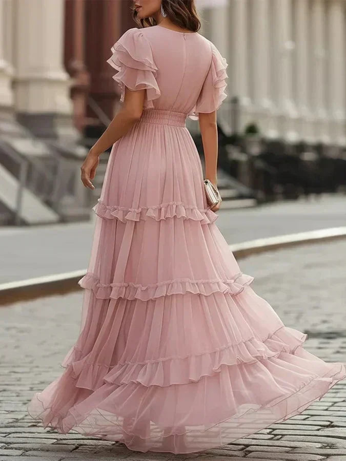 Rossella Tiered Flutter-Sleeve Maxi Dress