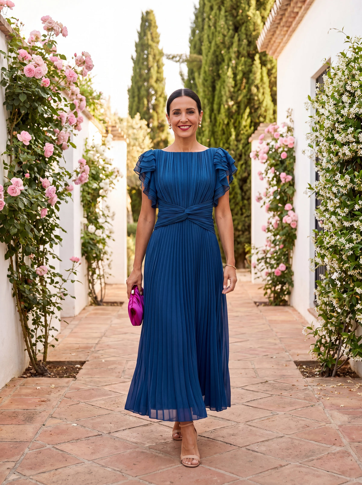 Sofia Pleated Tie-Waist Maxi Dress - Blue