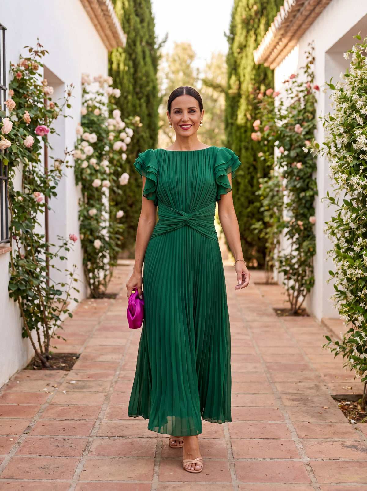 Sofia Pleated Tie-Waist Maxi Dress - Green