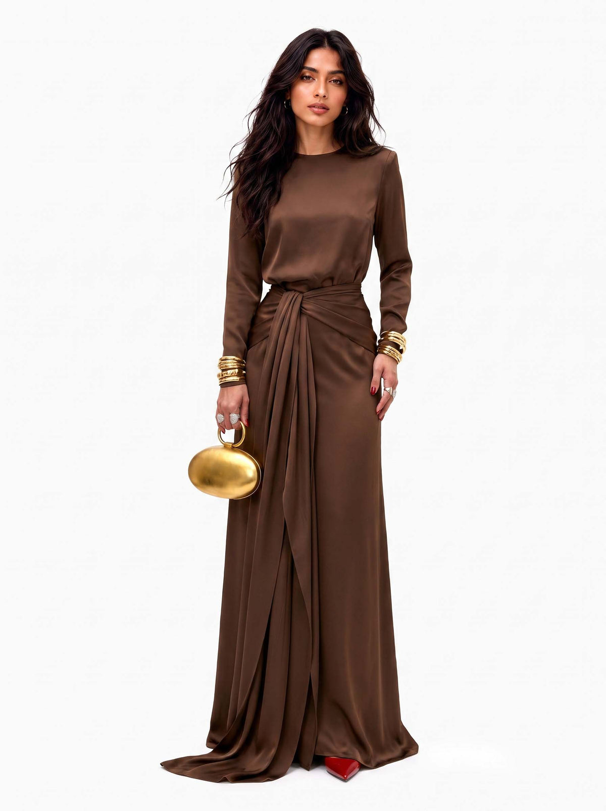 Sveva Draped Satin Maxi Dress - Chocolate