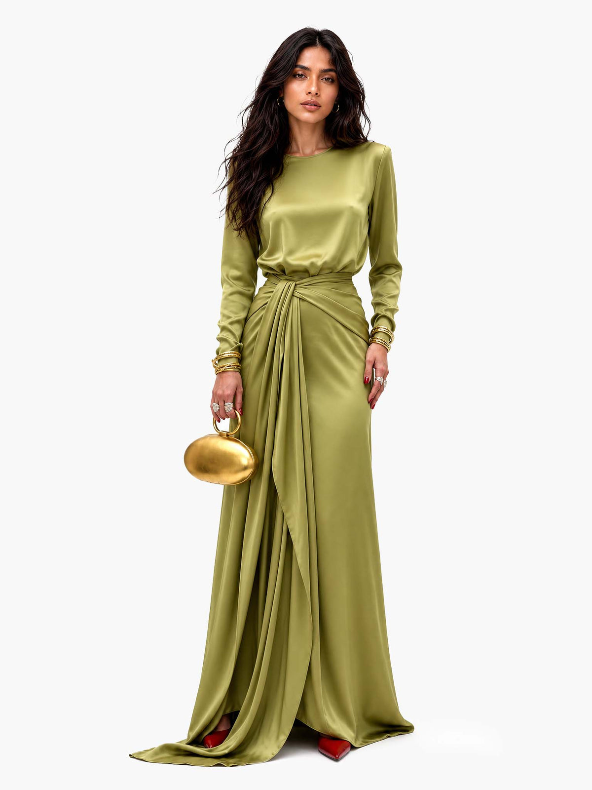 Sveva Draped Satin Maxi Dress - Light Olive