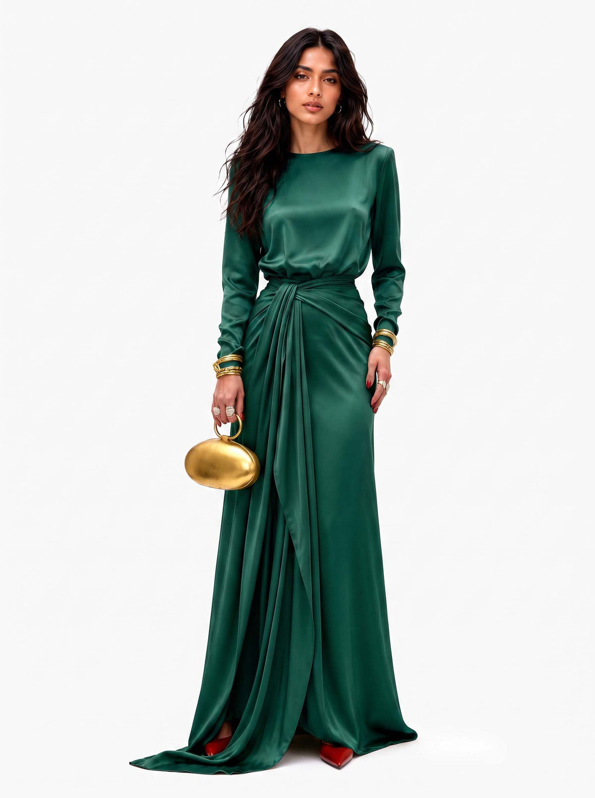 Sveva Draped Satin Maxi Dress - Dark Green
