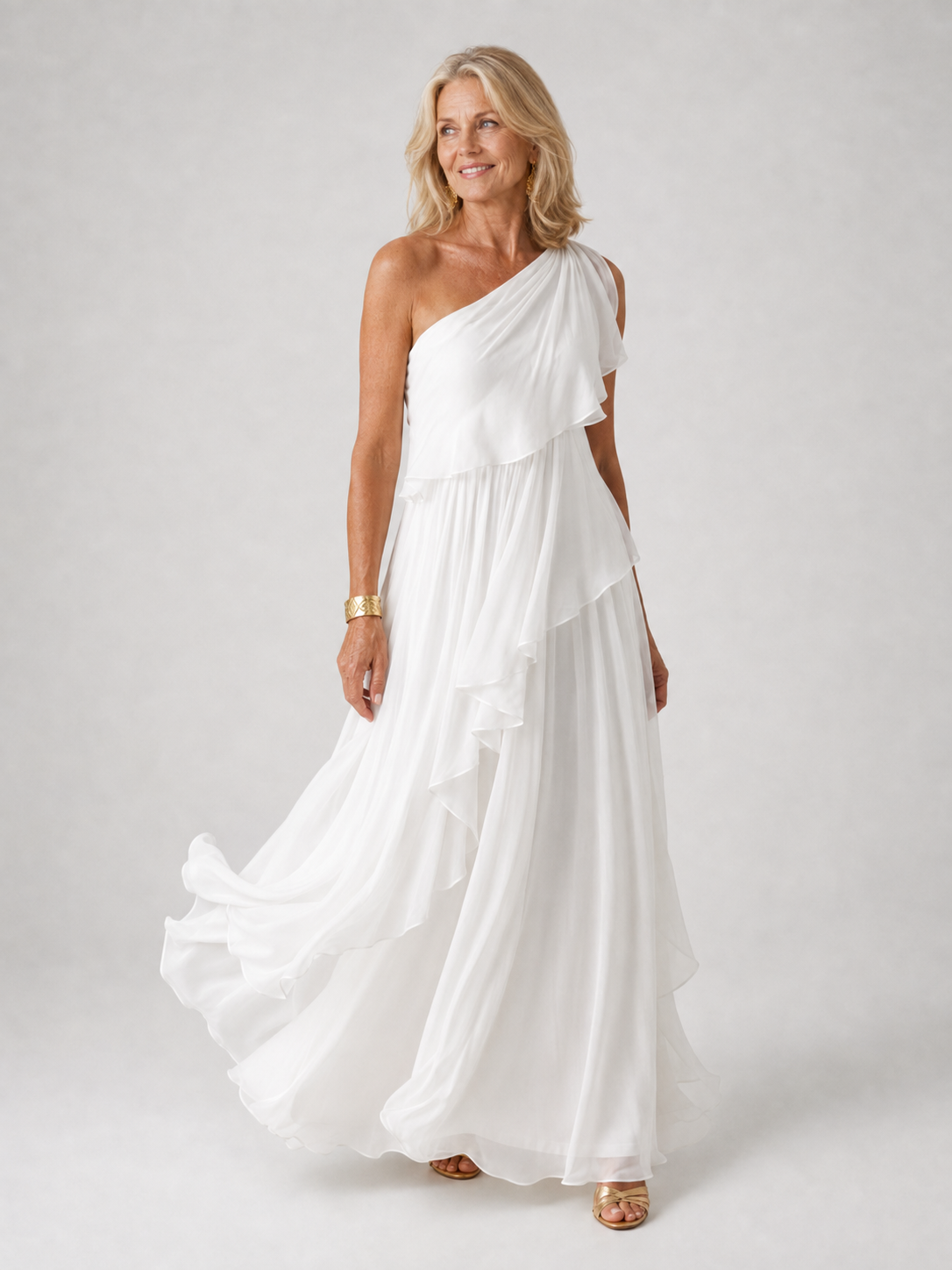 Virginia One-Shoulder Ruffle Maxi Dress - White