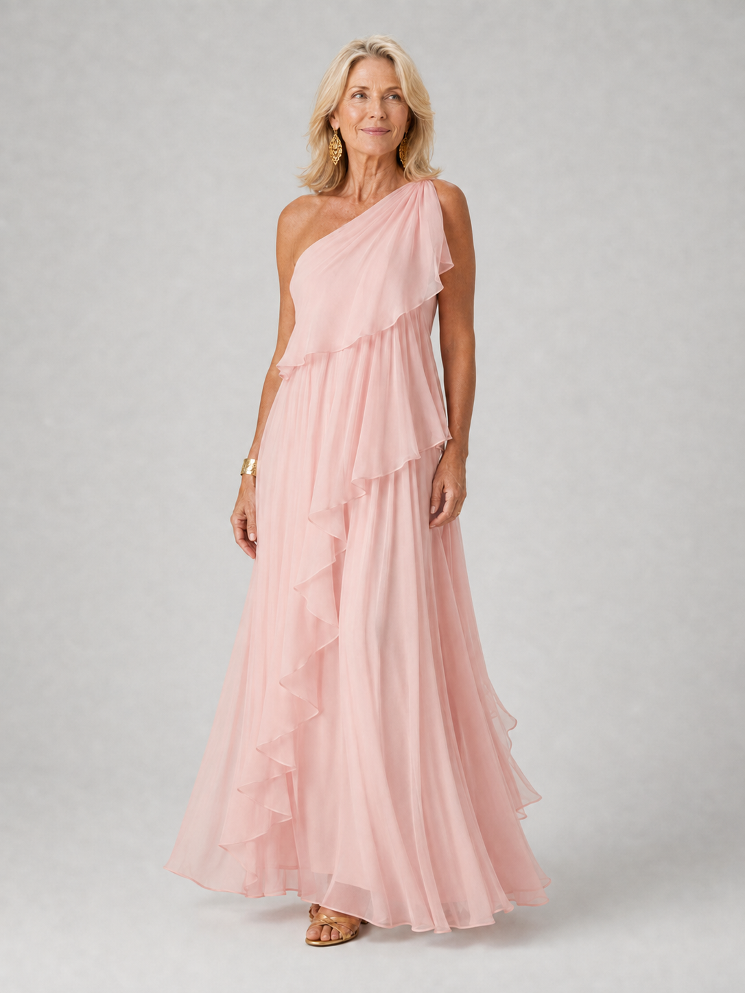Virginia One-Shoulder Ruffle Maxi Dress - Light Pink