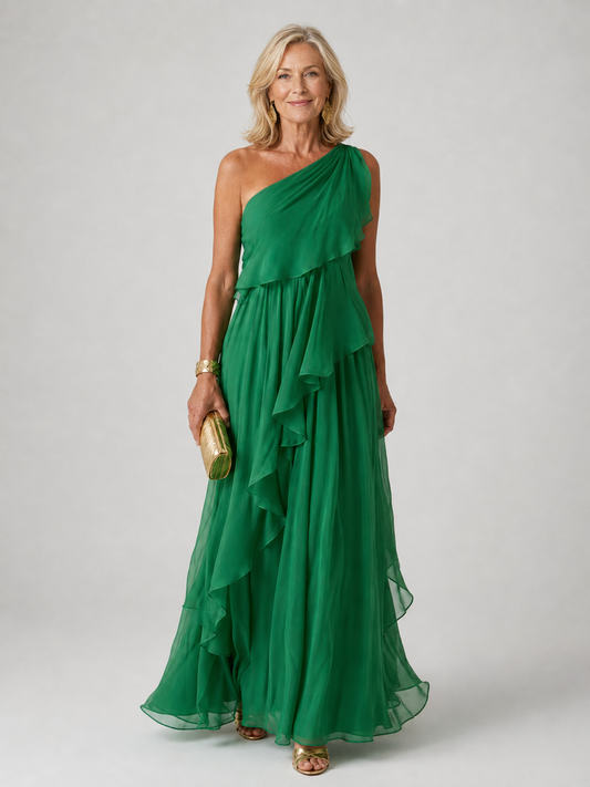 Virginia One-Shoulder Ruffle Maxi Dress - Green