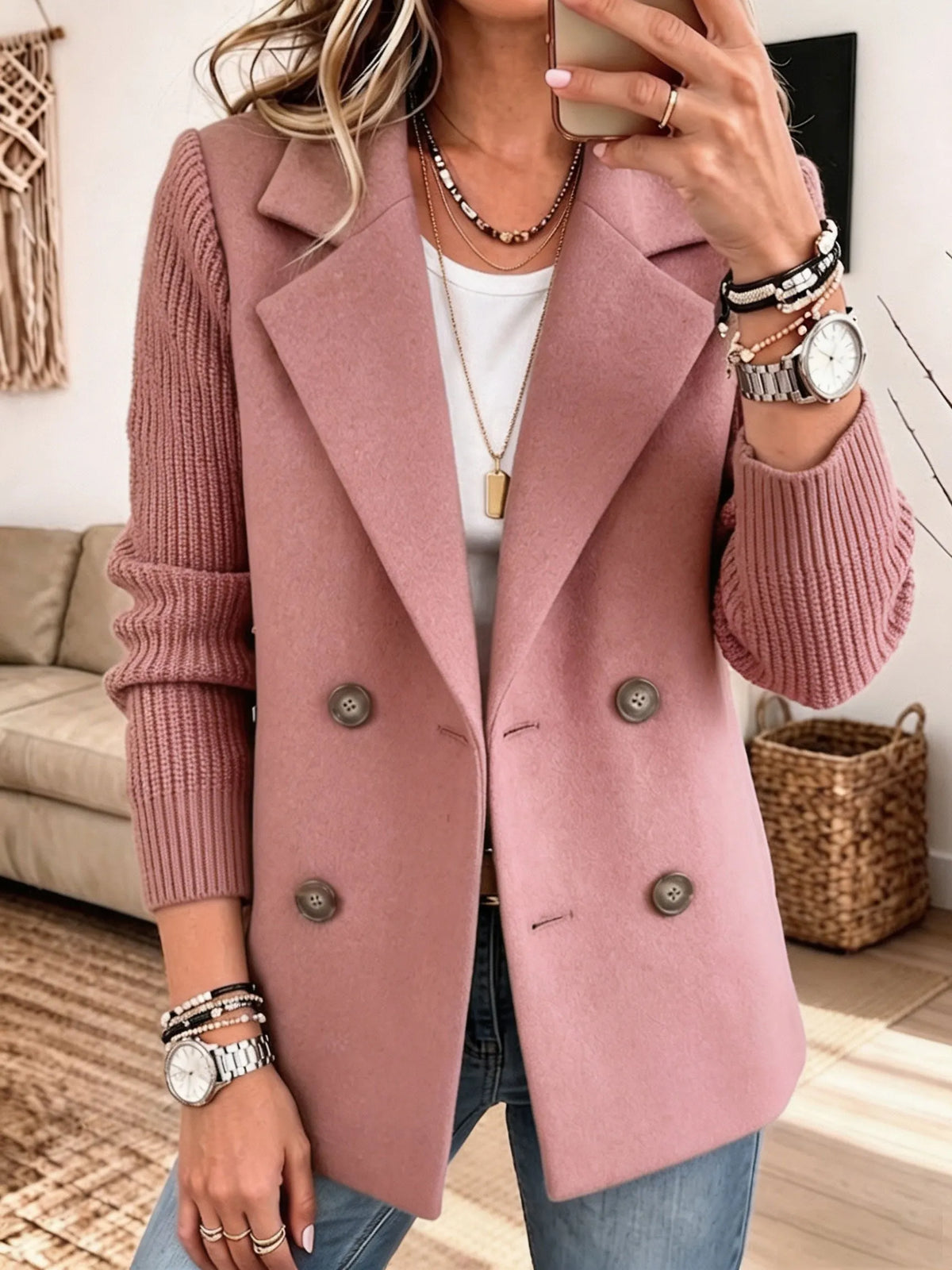 Harlow Knit Sleeve Blazer - Pink