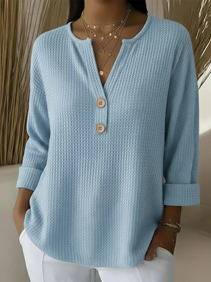 Wanda Honeycomb Henley Top - Light Blue