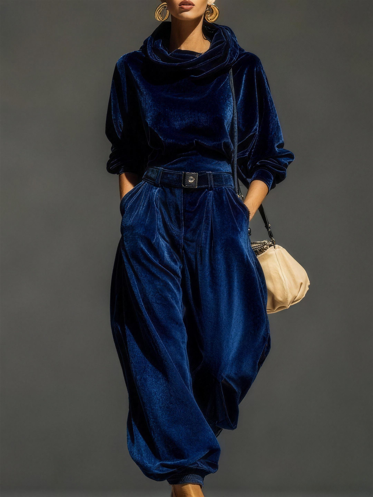 Ivonne boho cowl-neck top & wide pants set - blue