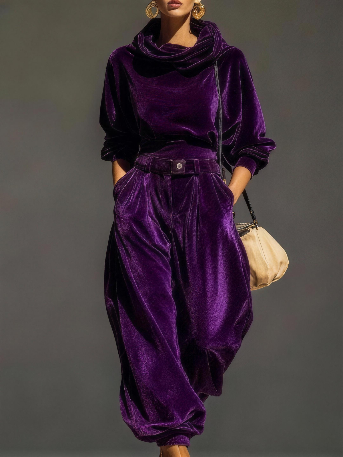 Ivonne boho cowl-neck top & wide pants set - purple