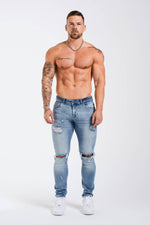 SLIM FIT JEANS 2.0 RIPPED AND REPAIRED - MID BLUE