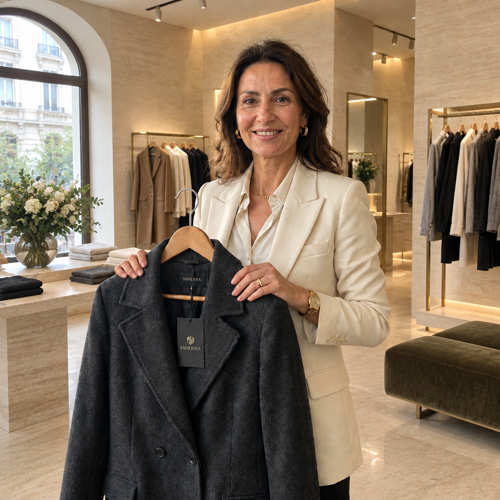 Woman wearing SAHERNA clothing in a high-end boutique