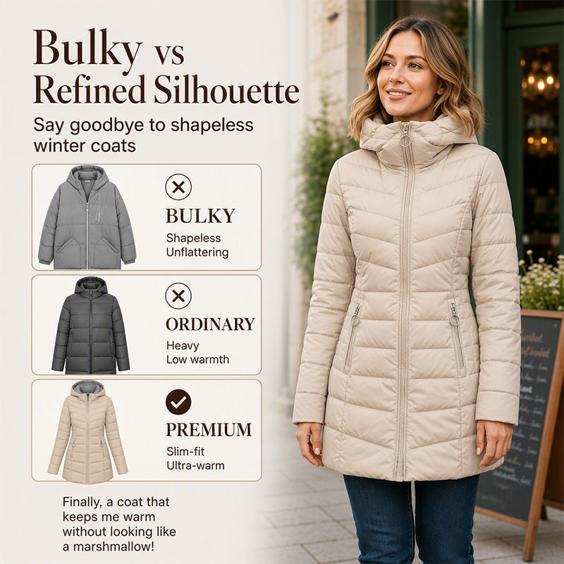 Alpine quilted hooded long coat - slim fit vs bulky coats