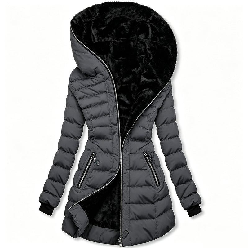 Alpine Quilted Hooded Long Coat - Light Gray