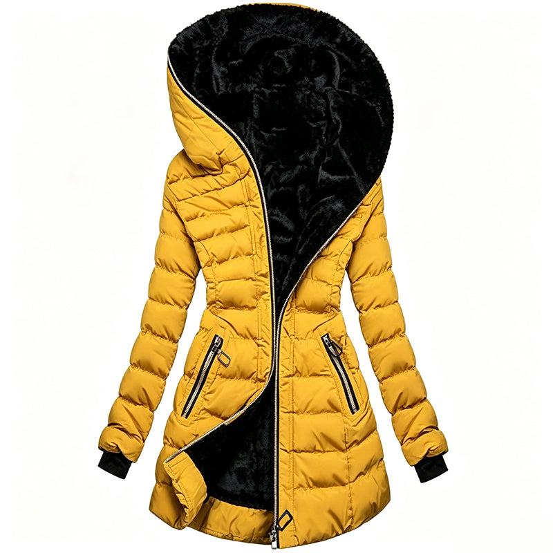 Alpine Quilted Hooded Long Coat - Mustard