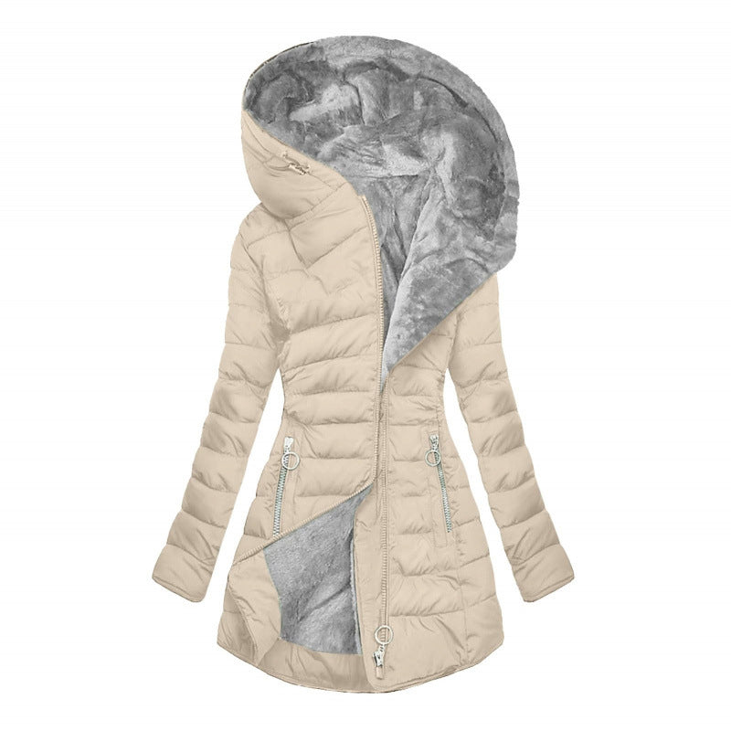 Alpine Quilted Hooded Long Coat - Beige & Gray