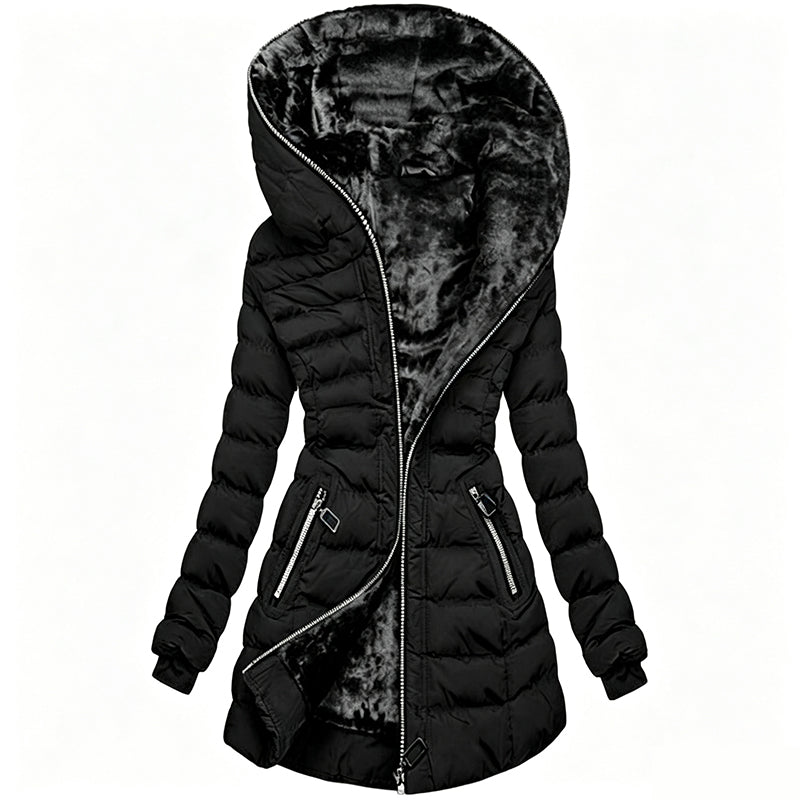 Alpine Quilted Hooded Long Coat - Dark Gray