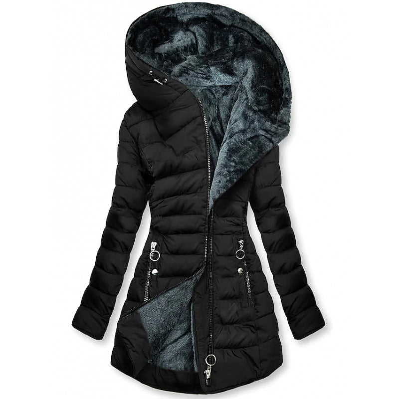 Alpine Quilted Hooded Long Coat - Black
